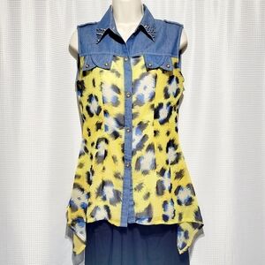 CODE M Denim Sleeveless Flowy Sheer Blue /Yellow Leopard Splash (XL)